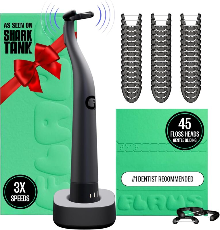 FLAUS Electric Flosser (Oprah's List, Shark Tank) 3 Speeds + 45 Refill Heads (Gentle Gliding Floss for Sensitive Gums) Water Flosser