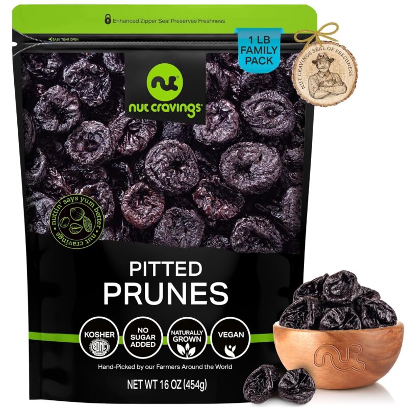 NUT CRAVINGS - Dried Prunes Pitted Unsweetened, Dry Plums No Sugar Added, Unsulphured (16oz, 1 LB) Sweet Healthy Snack, Vegan, Kosher, Resealable Bag